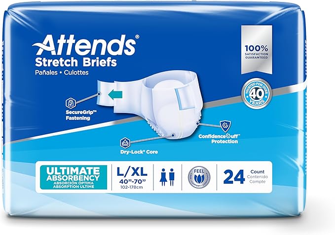 Attends Stretch Adult Incontinence Disposable Briefs, Large/X-Large, 40"-70" Waist with SecureGrip Tab Closure, Ultimate Absorbency with Dry-Lock Containment Core and Breathable Side Panels, 24ct Bag