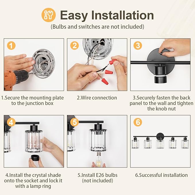 Crystal Bathroom Light Fixtures, Bathroom Lighting Fixtures Over Mirror, Modern Black 5-Light Vanity Lights for Mirror,Restroom, Bedroom (Ceramic E26 Socket,Bulbs Not Include)