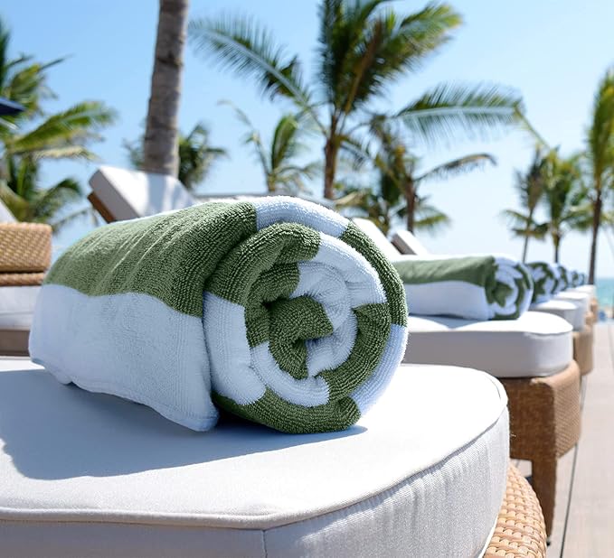 White Classic Beach Towels Oversized Cabana Stripe Cotton Bath Towel Large - Luxury Plush Thick Hotel Swim Pool Towels for Adults Super Absorbent Quick Dry - 35x70 Khaki Green [2 Pack]
