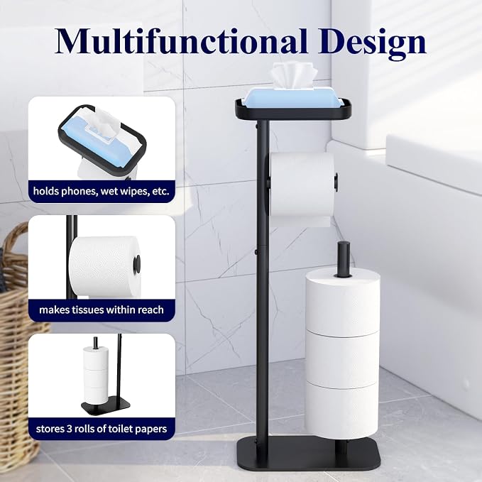 Kitsure Toilet Paper Holder Free Standing – Rustproof Metal Toilet Paper Stand for 4 Rolls with Anti-Slip Base and Shelf for Phone & Small Items, Bathroom Organizers and Storage, Medium, Black, 2Pack