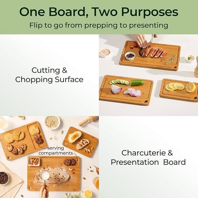 Keechee Bamboo Cutting Board, Wood Chopping Block & Charcuterie for Kitchen | Deep Juice Grooves, Built-in Handles, Non Toxic Butcher Block for Meat, Vegetables, Cheese and Fruits, Gifts Ready