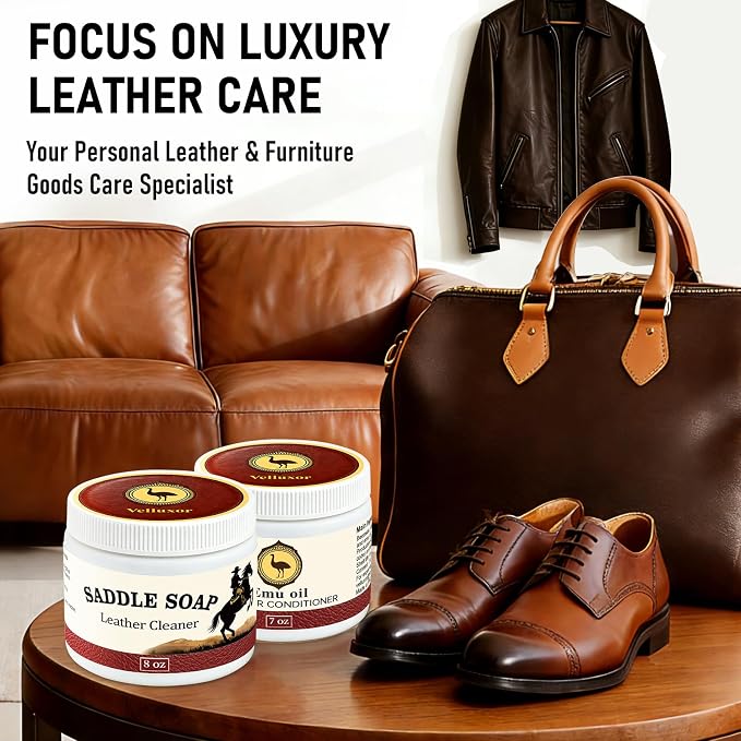 Leather Boot Care Kit, Emu Oil, Saddle Soap for Leather, Professional Leather Cleaner & Conditioner for Horse Tack, Shoes, Bags, Couch, Cowboy & Wood, Deep Clean Moisturize, Repair & Nourish