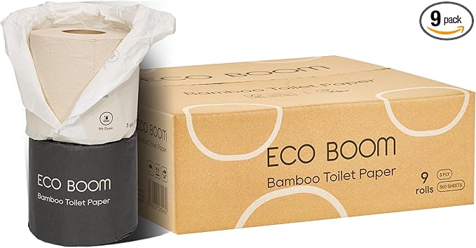 ECO BOOM Unbleached Bamboo Toilet Paper, 100% Tree-Free & Plastic-Free, 3-Ply Strong, FSC Certified, Unscented, 9 Rolls, 360 Sheets | PFAS Free, BPA Free & Septic Safe