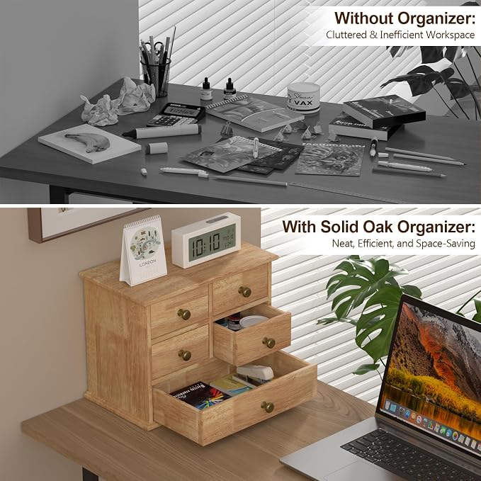 Oak Desk Organizer with Drawers, Wooden Desktop Storage Box with Metal Handles & Non-Slip Silicone Pads, 5 Drawer Tabletop Organizer for Office, Bedroom, Bathroom, Vanity, Makeup – Light Burnt Brown