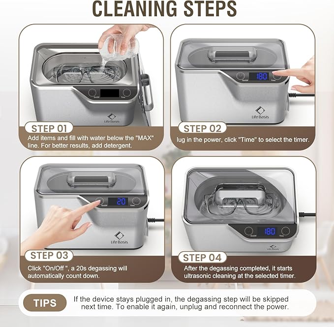 LifeBasis Ultrasonic Cleaner, Professional 45kHz Ultrasonic Jewelry Cleaner 20 Ounces (600ML) with Digital Timer, Watch Holder Ultrasonic Glasses Cleaner for Rings, Coins, Watches, Dentures, Silver