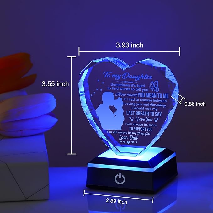 ZHSHWAT Daughter Gifts, K9 Crystal Heart with Color-Changing Base - Lifetime Gift from Dad to Daughter, Birthday Graduation Present, Elegant Gift Box