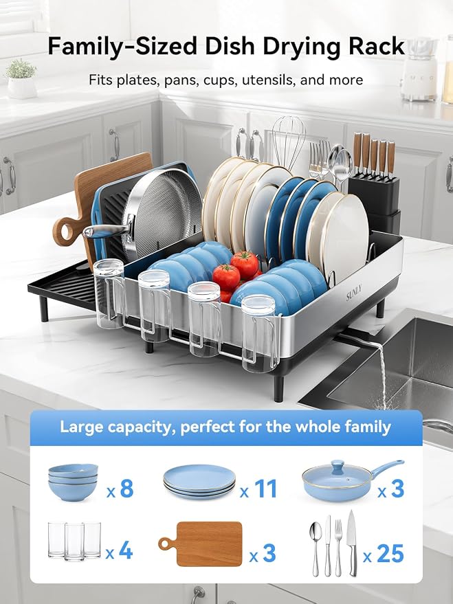 Large Dish Drying Rack, Expandable Dish Rack for Kitchen Counter, 304 Stainless Steel Space Saving Dish Drainer with Multifunctional Flip Up Pegs