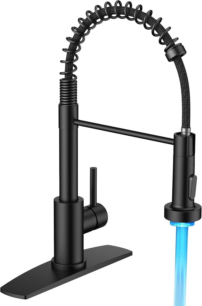 FORIOUS Black LED Kitchen Sink Faucet, Stainless Steel Kitchen Faucet with LED Light Sprayer, Commercial Transitional Single Handle Spring Faucet for Kitchen Sink, Bar & Prep Sinks, RV Camper