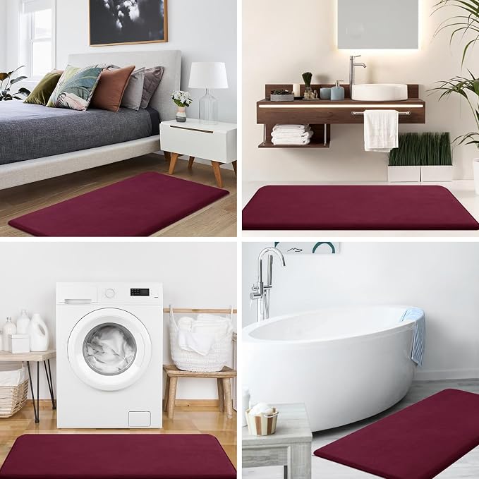 Smiry Memory Foam Bath Mat 59x34, Extra Soft and Absorbent Bathroom Mats, Non Slip Washable Carpet for Floor, Shower and Tub, Burgundy