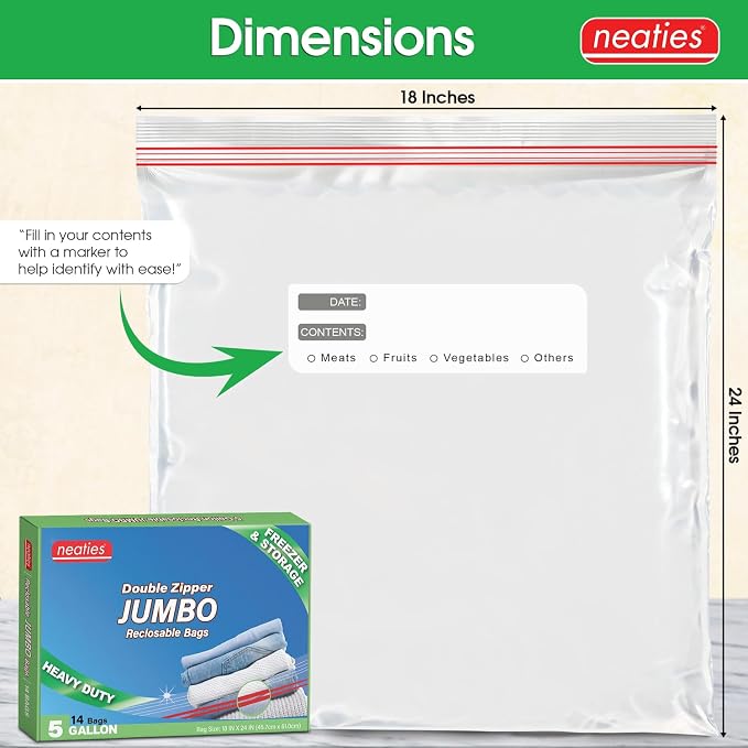 5 Gallon Resealable Bags – Heavy Duty Jumbo Freezer Bags with Dual Zipper – 18x24" Extra Large with Writable Space for Kitchen or Home Storage – BPA-Free Food Grade Plastic – 14 Pack