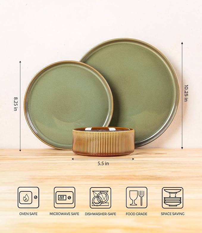 TheTerra Ceramic Dinnerware Sets for 8, 24 Pieces Porcelain Lightweight Plates and Bowls Sets, Scratch Resistant Dish Set, Oven & Microwave & Dishwasher Safe, Sage Umber