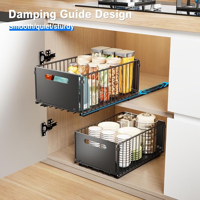 Mustorn 2 Pack Pull Out Cabinet Organizer, Slide Out Drawers for Cabinets, Peel and Stick, Heavy Duty Shelves for Kitchen, Cupboard, Pantry, Bathroom (14.76" D*9.65" W*7.87" H-Black)