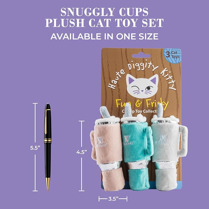 Haute Diggity Kitty Snuggly Cups Set, Plush Cat Toys Catnip Filled with Interactive Crackle Sound, Safe & Durable Toys for Cat & Kitten, 3 Pcs