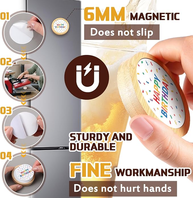 Vesici 24 Pcs 2 in 1 Sublimation Blank Magnetic Bottle Opener 2.5 Inch DIY Bamboo Fridge Magnetic Beer Opener Wooden Heat Transfer Print Cap Openers for Kitchen Bar Restaurant Wedding Gift (Round)