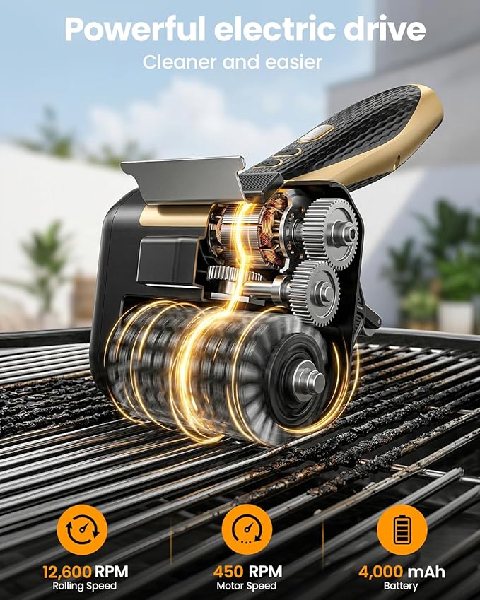 Electric Grill Brush for Outdoor Grill, Cordless BBQ Cleaner with LED Light, Scraper, Dishwasher‑Safe Bristles, 4000 mAh Battery, Rechargeable Power Grill Scrubber (Gold)