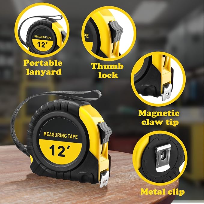 10 Pieces Tape Measure 12 ft Retractable Measuring Tape Bulk with Fractions Marked Easy Read Yellow Measuring Tape Bulk Set for Engineer Contractors, Autowind and Lock