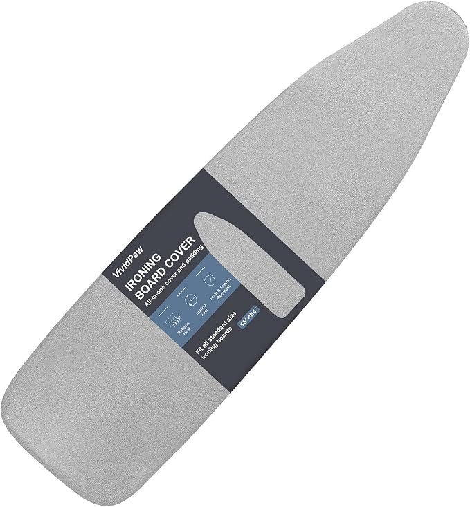 VividPaw Ironing Board Cover and Pad, Standard Size 15x54, Thick Padding, Elastic Edge, Silicone Coated, Resist Scorching, Adjustable Fastener, Heavy Duty Padded Iron Board Covers (Grey)