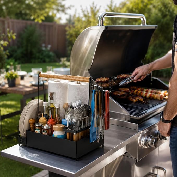 Portable BBQ Grill for Cuisinart CPG-700 Woodcreek XL 2021-2024, Multi Compartment Outdoor Grilling Organizer with Plate Rack, Paper Towel Holder & Tool Hooks for Camping,B