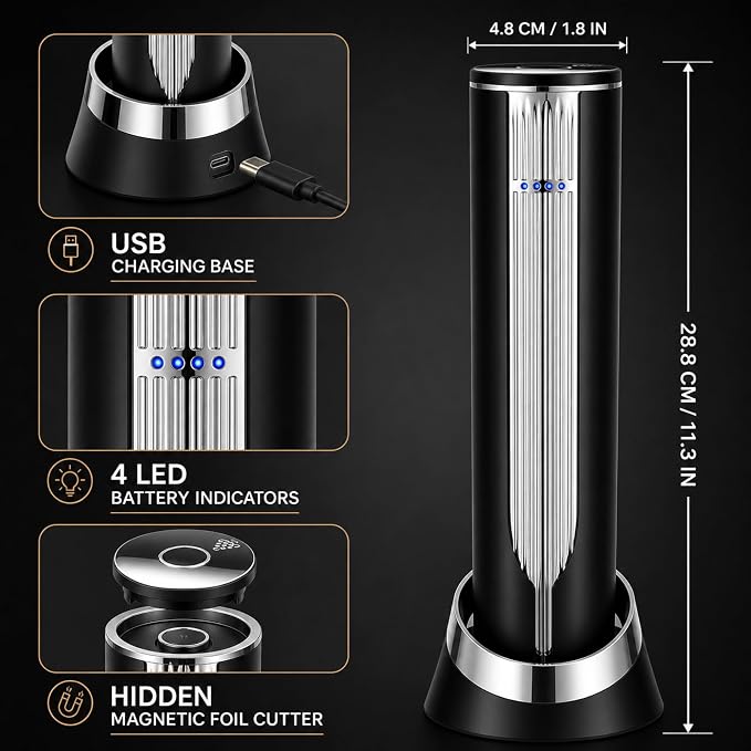 BLUBYEES Electric Wine Bottle Opener with Charging Base & Built-in Foil Cutter – Rechargeable Intelligent Touch-Activated Automatic Corkscrew – Luxury Christmas Wine Gifts for Women, Men, Seniors