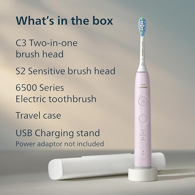 Philips Sonicare 6500 Series Electric Toothbrush - Next-Generation Sonicare Technology, Pressure Sensor, 9 Brushing Settings, SmarTimer, BrushPacer, 21-Day Runtime, Travel Case, Light Pink, HX7412/05