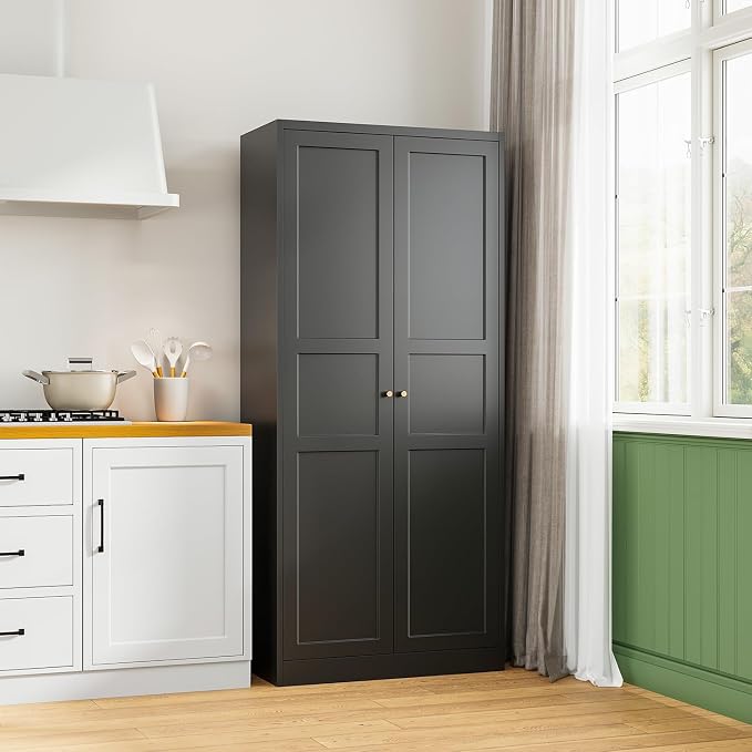 Black Storage Cabinet with Adjustable Shelves-Metal Home Kitchen Pantry Cabinets with Doors,Organization Locker for Cupboard/Bedroom/Dining/Living/Bathroom/Office/Garage Room