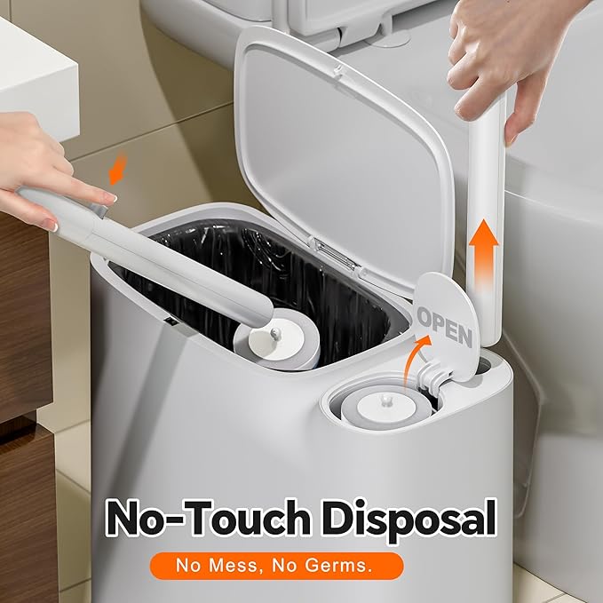 Small Bathroom Trash Can with Lid, Disposable Toilet Brush with 12 Refills, Toilet Bowl Cleaning Wand Set-2 Gallon Silm Garbage can and Toilet Brush Holder for Bathroom, Toilet, RV(White)