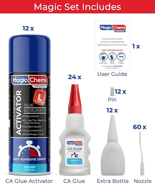 Magic Chems CA Glue with Activator (24 x 1.7 oz + 12 x 13.5 fl oz Activator), Cyanoacrylate Adhesive for 3D Printing & Acrylic, Strong Bond Super Glue Accelerator Set (12 Pack)