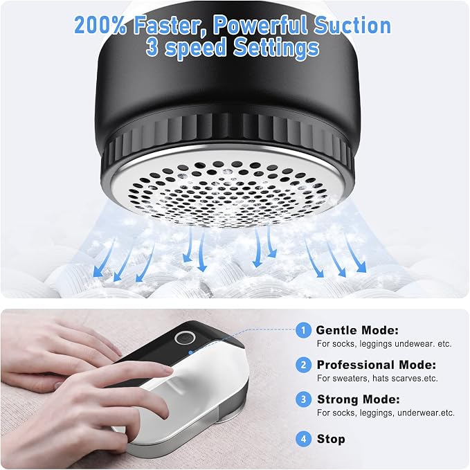 Fabric Shaver and Portable Electric Lint Remover - Sweater Defuzzer with 3-Speeds, 2 Replaceable Stainless Steel Blades, Remove Couch and Clothes Fuzz, Lint Balls, Pills (Black)