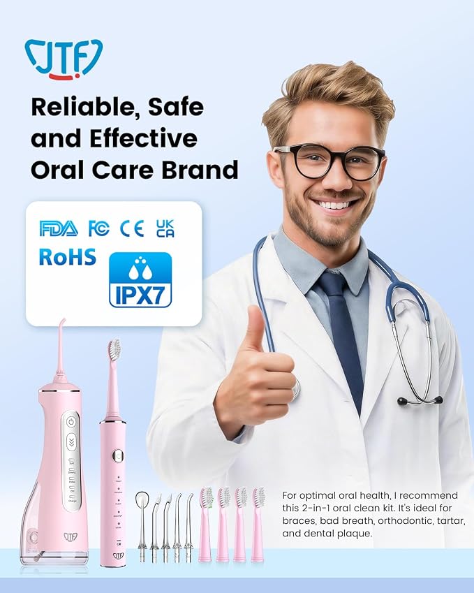 JTF Electric Toothbrush & Water Flosser Combo, 2-1 Portable Oral Clean Kit | Effective Yet Gentle Brushing & Flossing, Multiple Modes for Braces & Sensitive Teeth Care, Cordless for Home Travel, Pink