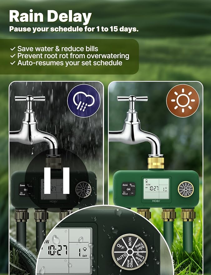MOES 4 Zone Water Timer for Garden Hose, 1 in Inlet with 3/4 in Adapter, Brass Outlets, Battery Operated Sprinkler Timer, 4 Way Faucet Valve, Sequential Watering, Rain Delay, Non-WiFi