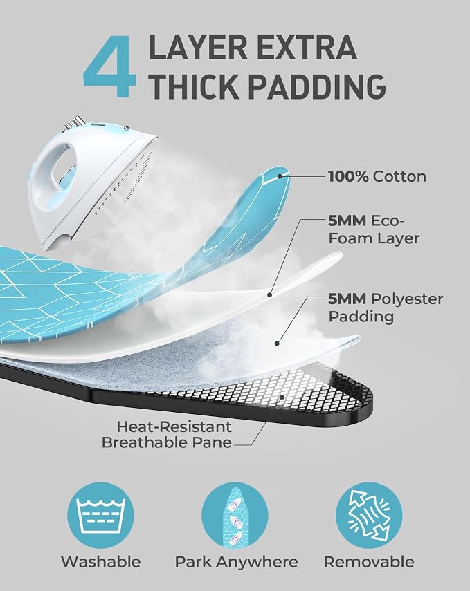 LyriFine Ironing Board, 2-in-1 Ironing and Steaming Board, 14″ x 43″ | Sturdy Steel Frame Iron Board with Non-Slip Feet, Heat Resistant Cover Iron Board, Foldable Ironing Board with Hook, Green