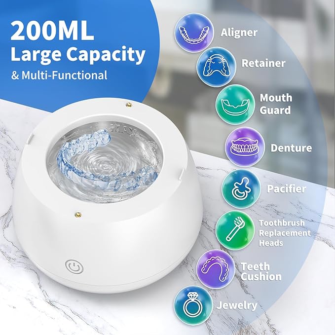 Ultrasonic Retainer Cleaner Machine 48kHz Denture and Aligner Cleaning Pod for Mouth Guards Night Guards Dental Trays Braces Toothbrushes Jewelry with 200ML Capacity (White)