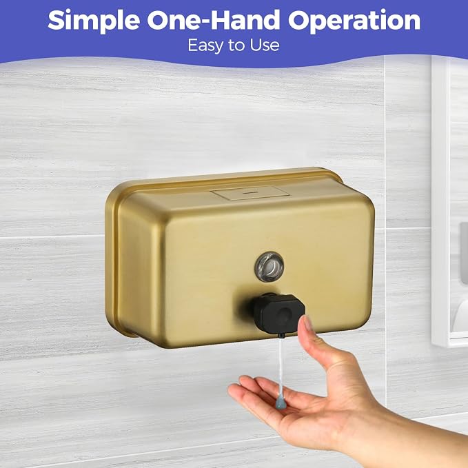 Stardrix Brushed Gold Stainless Steel Horizontal 1100ml/37oz Capacity Commercial-Grade Soap Dispenser, Wall-Mounted Bathroom Hand Soap Dispenser with Corrosion-Proof Lining and Anti-Leak Pump