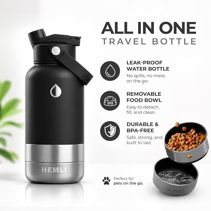 32 oz. Dog Water Bottle, Insulated Dog Travel Water Bottle, Stainless Steel Pet Water Bottle Dispenser, Portable Food and Water Bowl for Dogs for Walking Dog Canteen Travel Kit