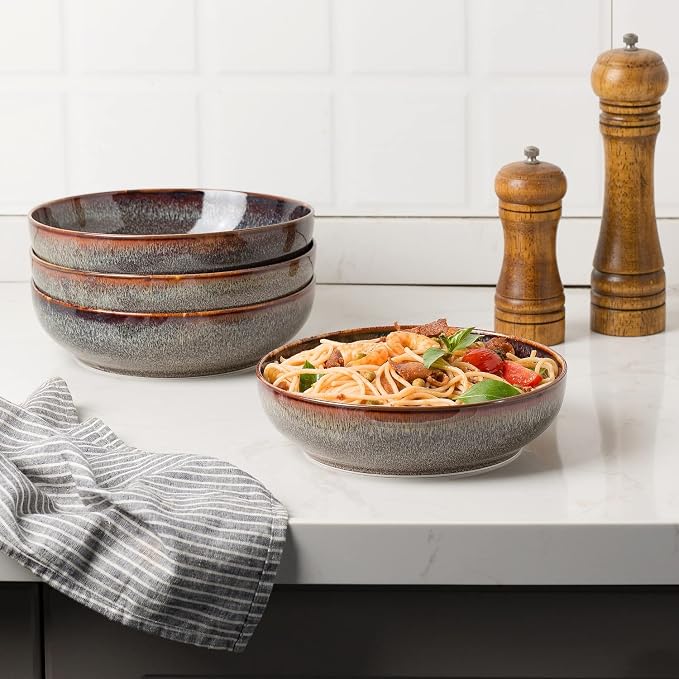 30oz Ceramic bowls set of 4-8" serving bowls for Kitchen,Pasta,Salad-Dishwasher & Microwave Safe Perfect for Housewarming, Thanksgiving, Christmas-Caramel Brown