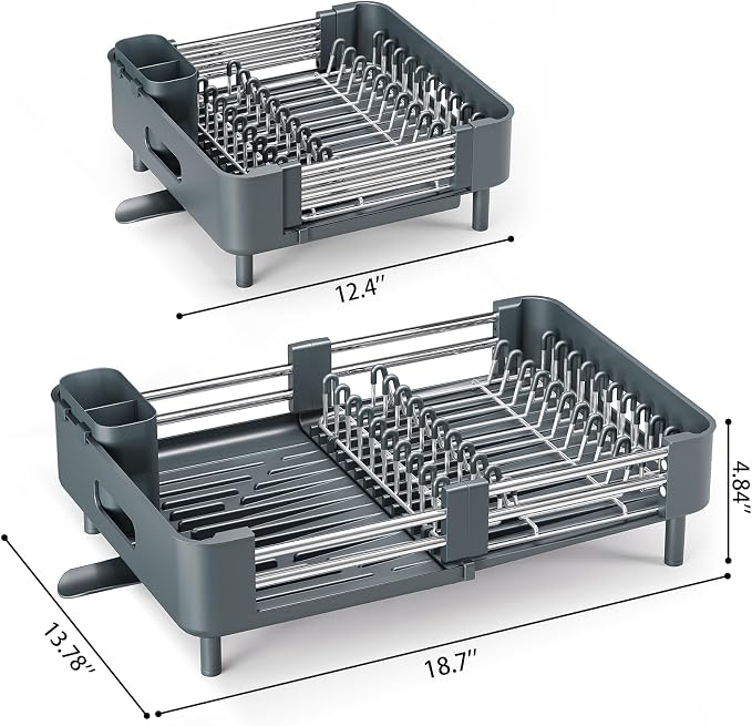 Urackify Stainless Steel Dish Drying Rack - Dish Drainer for Kitchen Counter, Extendable Drainboard with Foldable, Space-Saving Cup & Bowl Organizer, Includes Knife and Utensil Holder, Matte-Green