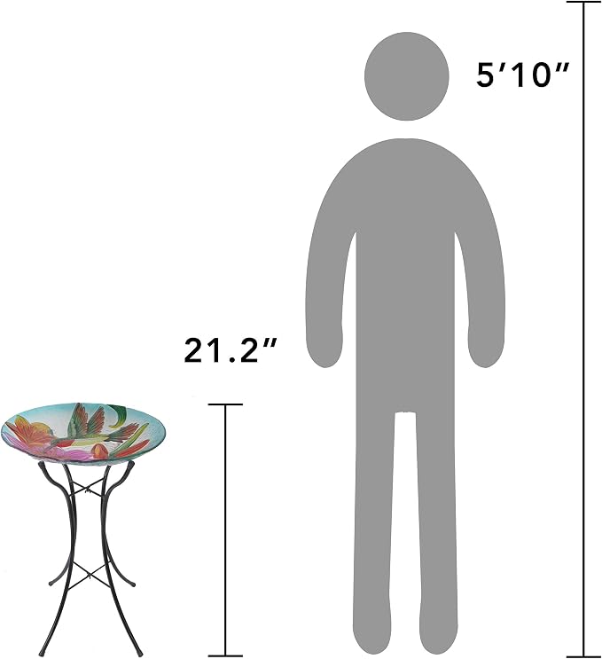 Teamson Home Handpainted Hummingbird Fusion Glass Birdbath Bowl Feeder with Metal Stand for Outdoor Patio Garden Backyard Decking, 21 Inch Height, Purple/Light Blue | Fusion Glass, Metal Stand, Outdoor Patio Garden Backyard Decking, 21 Inch Height