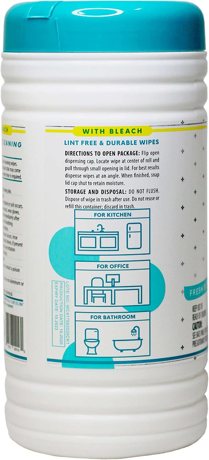 Juniper CLEAN 6 Pack Surface Cleaning Wipes with Bleach, All-Purpose Cleaner for Bathroom, Kitchen, Office, 450 Count Canister, Fresh Scent, 7.5" x 7" Sheet, Lint Free & Durable