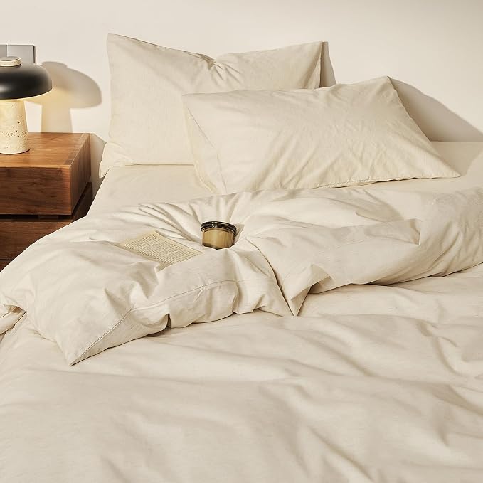 mixinni 3 Piece Washed Cotton Linen Blend Duvet Cover Set King Size, Soft Breathable Farmhouse Beige Neutral Solid Duvet Cover with Natural Linen Texture, 104x90 inches with 2 Pillowcases