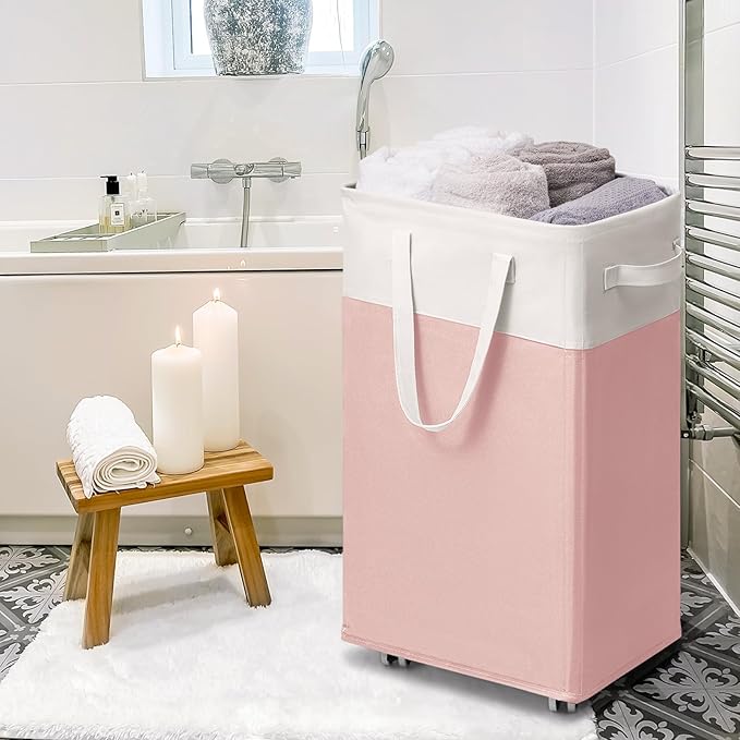Goodpick Laundry Basket with Wheels, 75L Tall Clothes Hamper, Large Laundry Basket with Removable Wash Bag for Corner Dorm, Rolling Hamper, Pink&White