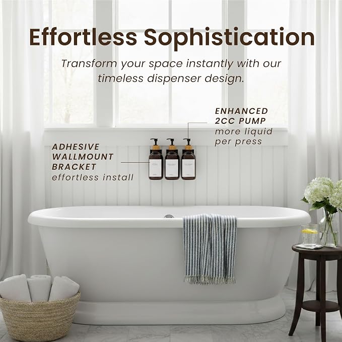 Shampoo and Conditioner Dispenser Wall Mounted Set of 3 Amber Bamboo - No Drill Shower Soap Dispenser for Bathroom Refillable - Spa Hotel Style Accessories by MaisoNovo | 500 ml Shower Gel Dispenser Set of 3. Refillable Shampoo and Conditioner Bottles....