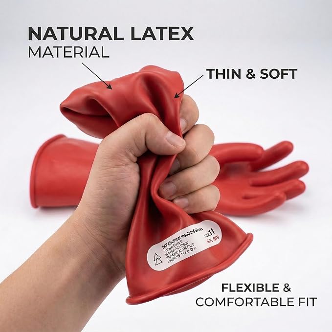Electrical Insulated Gloves - 5KV Tested Rubber Safety Work Gloves for Electrician, Hybrid EV Car Repair & HVAC - Class 0 Level Protection (Max Use 1000V), Red
