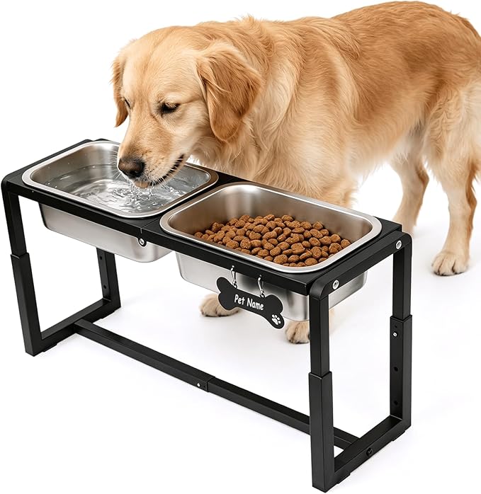 Metal Elevated Dog Bowls Medium/Large Breed with 2 Thick 1.2GAL Stainless Steel Raised Dog Bowl, Adjustable Height 3 Levels (8.8"-11.5"-14") Neck & Joint Protection