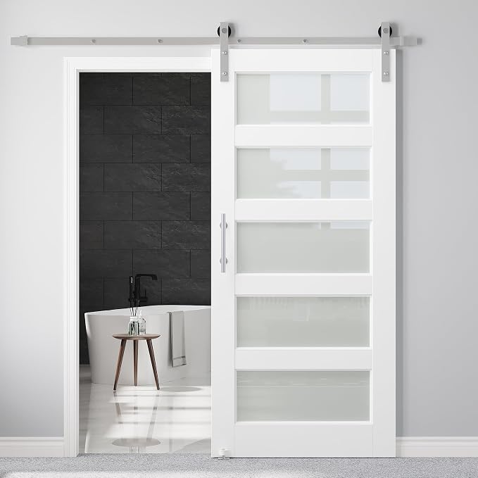 32" x 80" Pre-Assembled Barn Door and 6FT Sliding Door Hardware Kit Included & Handle, 5-Lite Frosted Glass White Sliding Barn Door for Closet Bathroom Bedroom, Solid & Water-Resistant MDF, Paintable