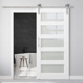 32" x 80" Pre-Assembled Barn Door and 6FT Sliding Door Hardware Kit Included & Handle, 5-Lite Frosted Glass White Sliding Barn Door for Closet Bathroom Bedroom, Solid & Water-Resistant MDF, Paintable