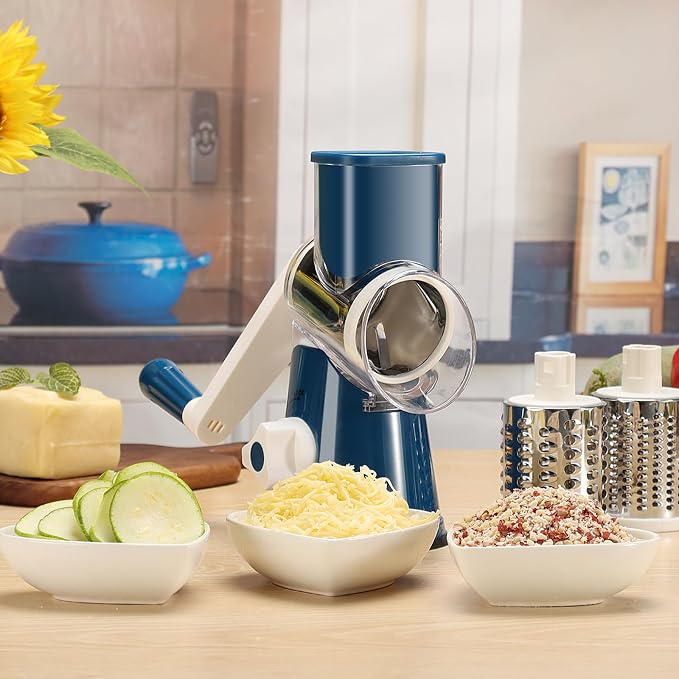 Cambom Rotary Cheese Grater Hand Crank Cheese Shredder for Fresh Cheese, Vegetable, Nuts,Non-slip Suction Base，Three Blades,Dark Blue