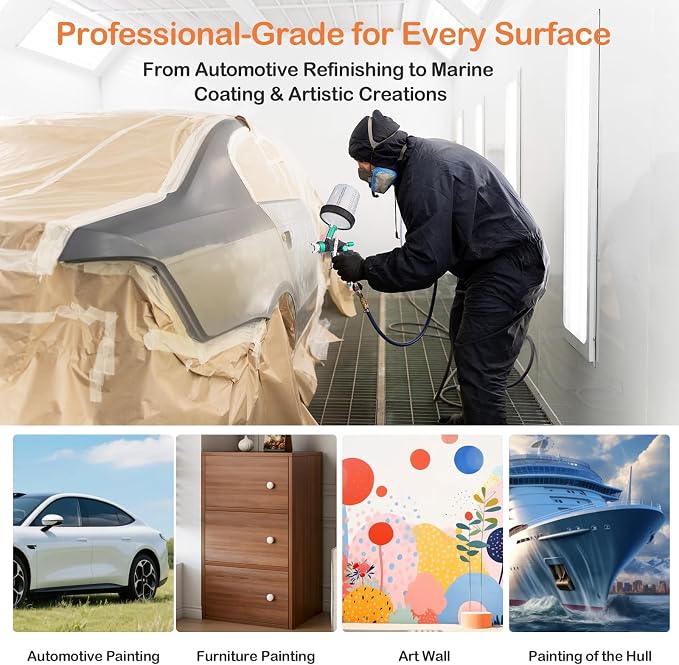 HVLP Air Spray Gun Kit Includes 10 Disposable 650ml Paint Cups with 1.4/1.7/2.0mm Nozzles. The Automotive Paint Spray Gun can be Used for Primer, Clear Topcoat Application(Black)