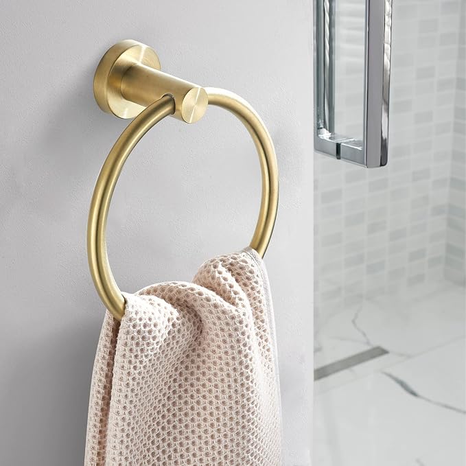 Gold Bathroom Hardware Set, Brushed Gold Toilet Paper Holder Towel Ring 2 Robe Hooks Wall Mount Hand Towel Holder Bath Accessories Stainless Steel, 4 Pieces
