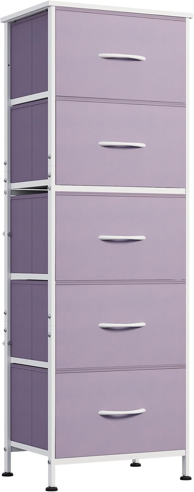 WLIVE Fabric Dresser, 5-Drawer Tall Dressers for Bedroom, Storage Dresser Organizer with Fabric Bins, Wood Top, Sturdy Steel Frame, Chest of Drawers for Closet, Hallway, Purple