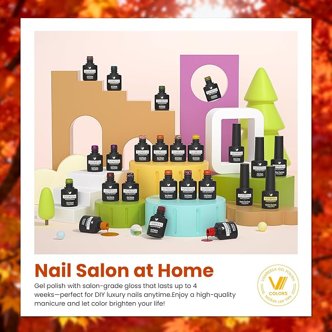 VANREESA 24 Pcs Fall Gel Nail Polish Set -Fall Colors Gel Polish with Base Coat & 4 Effects of Top Coat Orange Yellow Red Green Purple Brown Gel Polish Set Nail Kit Gifts for Women Girls DIY at Home